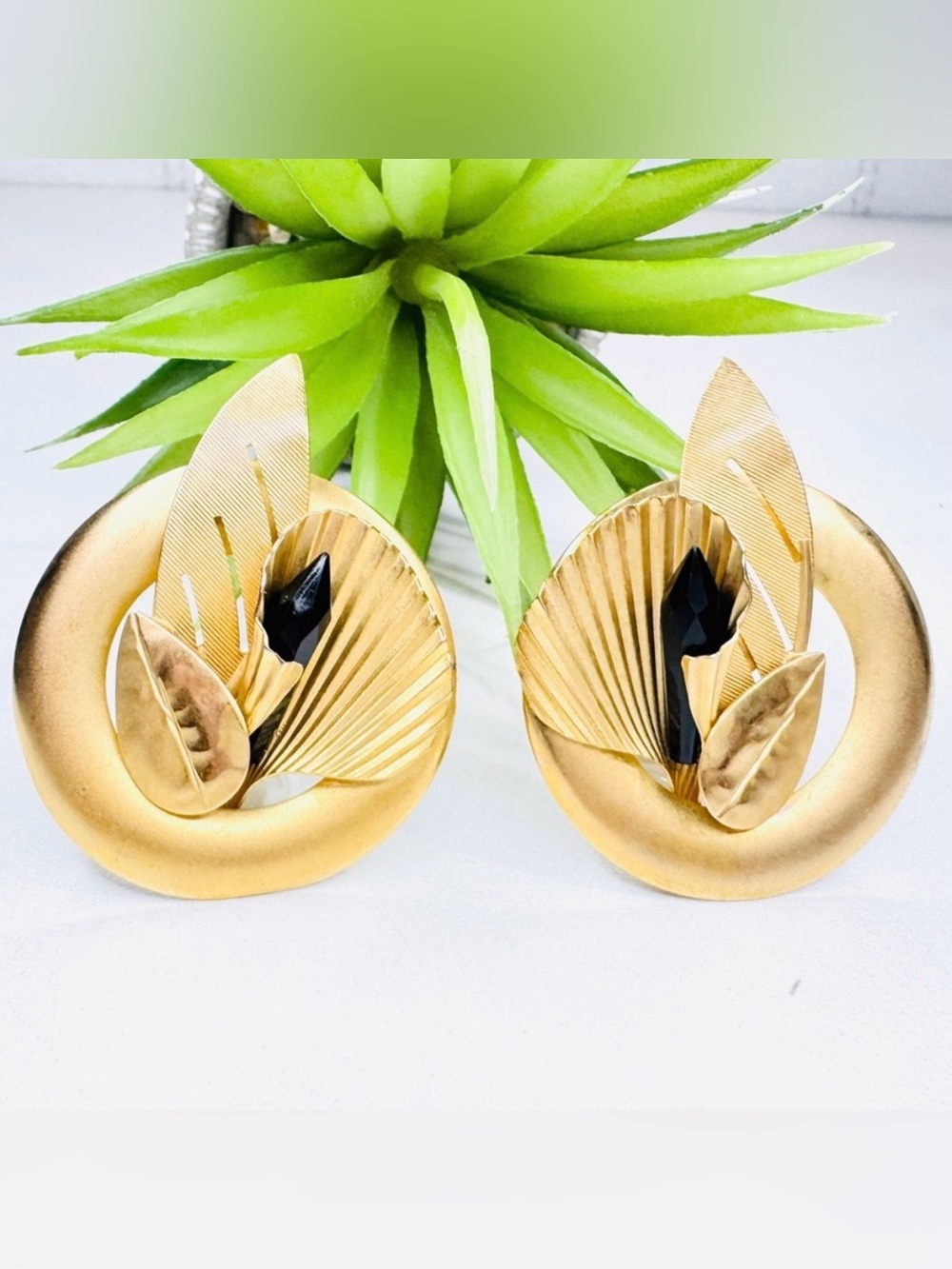 Vintage 80s Art Deco Satin Gold Tone Black Crystal Abstract Leaf Clip Earrings